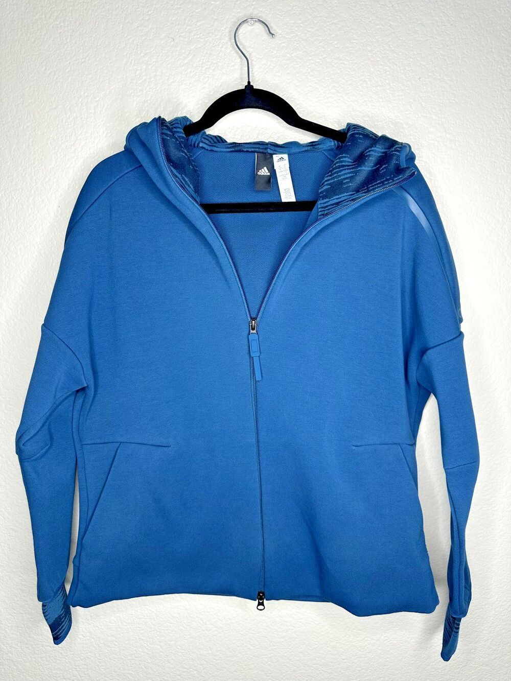 Adidas Hoodie Mens XL Blue Athletic Full Zip Thumbhole Cuffs Adjustable Hem